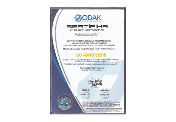 Akra Fethiye The Residence Sertifikalar ıso 45001 2